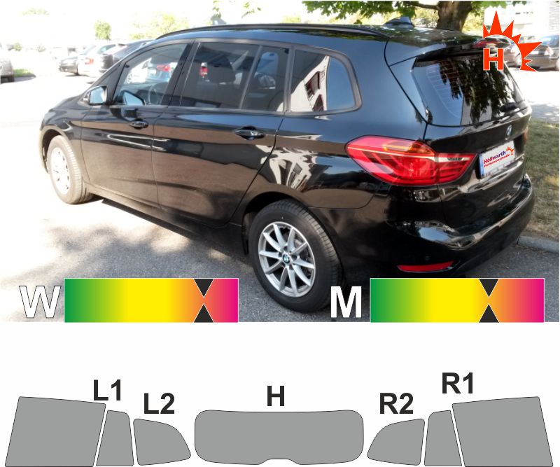3D Heckscheibenfolie vorgewölbt kompatibel mit BMW 2er F45 Active Tourer ab Bj 09/2014- tiefschwarz HP 95 Lichtdurchlässigkeit 5% Wärmerückweisung 62% Passgenaue Tönungsfolien 