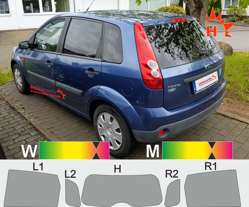 Passgenaue Tönungsfolie für den FORD Fiesta MK6 fünftürig 2001 bis 2008.