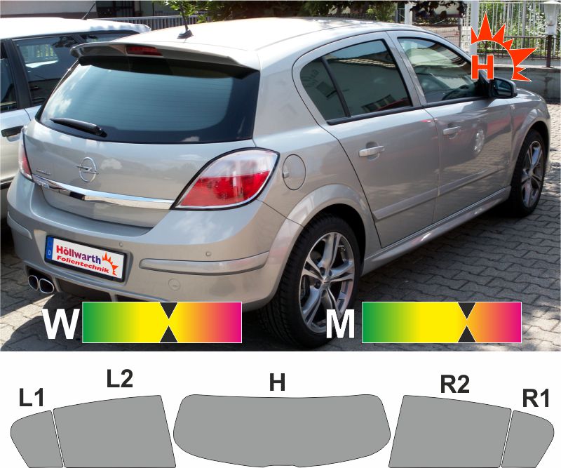 Passgenaue Tönungsfolie für den OPEL Astra H fünftürig 2004 bis 2009.