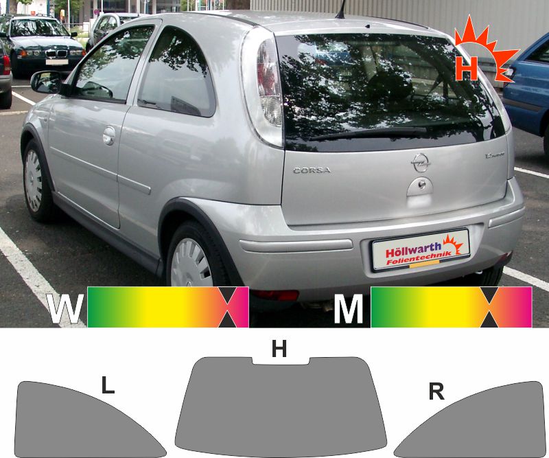 Passgenaue Tönungsfolie für den OPEL Corsa C dreitürig 2000 bis 2006.