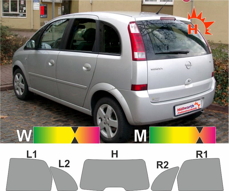 Passgenaue Tönungsfolie für den OPEL Meriva A 2003 bis 2010.