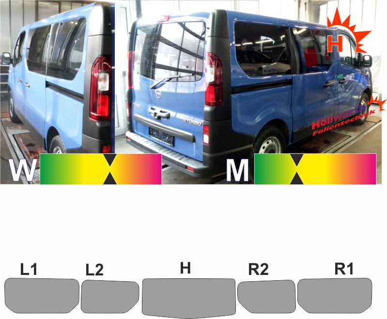 Passende Tönungsfolie für den Vivaro B L1H1 Heckkl. Schiebet rechts.