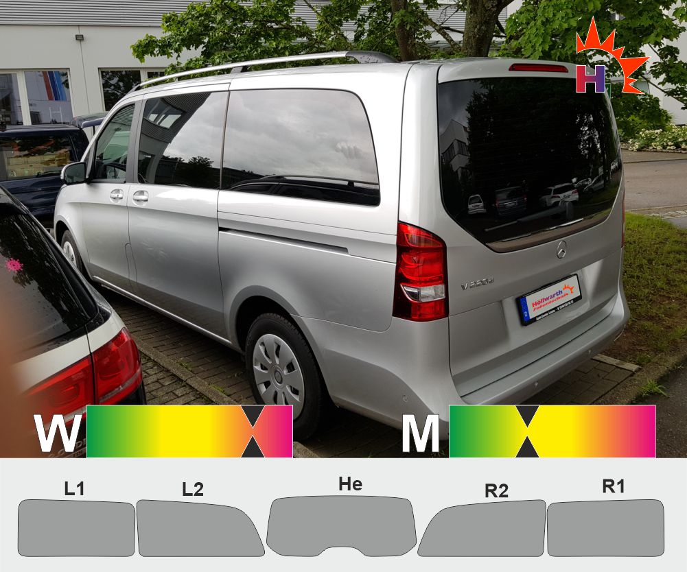 MERCEDES V-Klasse (VL 4) ab 2014 Baureie 447 5140 mm Schiebetür L_R ohne ASF klappbar HS passgenaue Tönungsfolie
