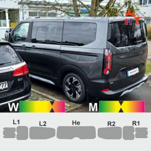 Ford Tourneo Custom 2023 Heckklappe und Schiebefenster in den Schiebet&uuml;ren passgenaue T&ouml;nungsfolie